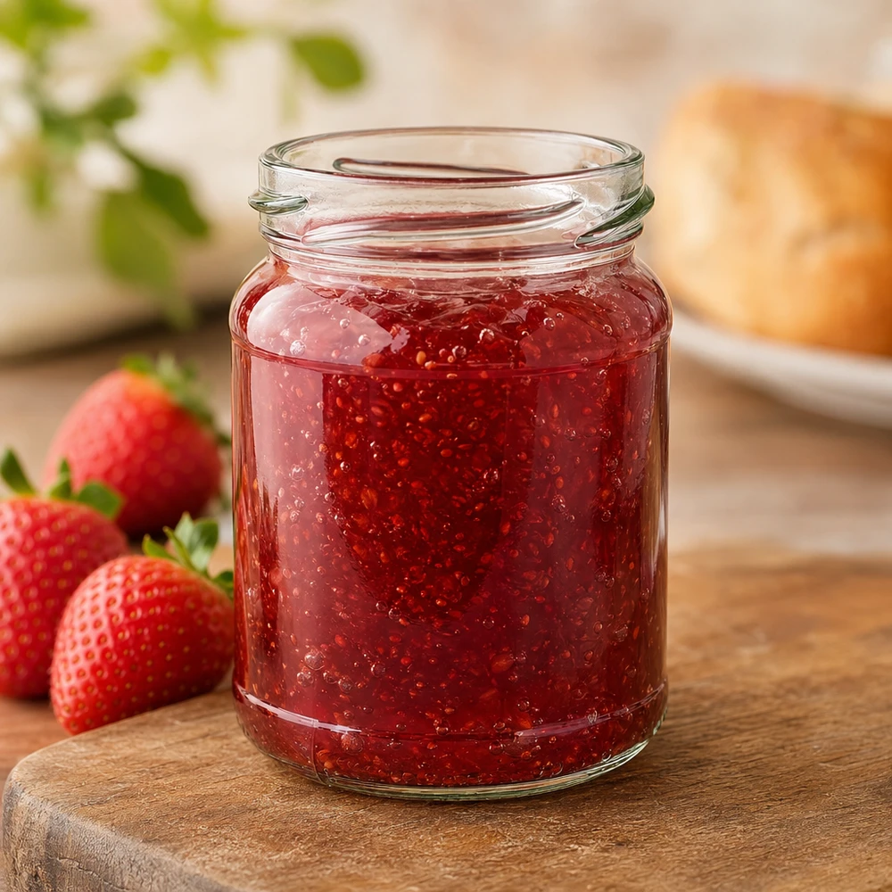 UNiTWIST Runda205 Verre rond 205ml TO58 rempli de confiture de fraises rouges à côté de fraises fraîches sur une planche en bois