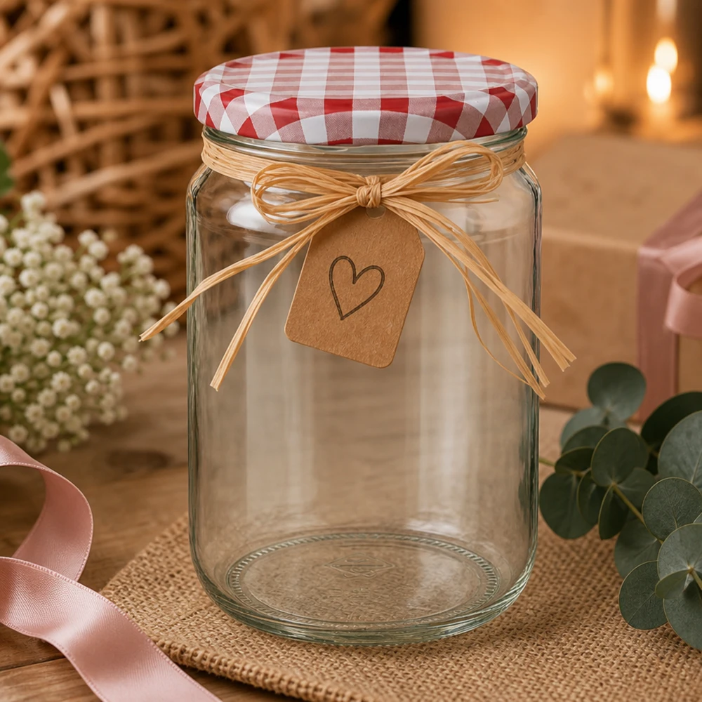 795ml Verre rond avec couvercle BasicSeal rouge/blanc UNiTWIST Verre rond de 795 ml avec couvercle à carreaux rouges et blancs et pendentif en forme de cœur comme emballage cadeau dans une décoration romantique