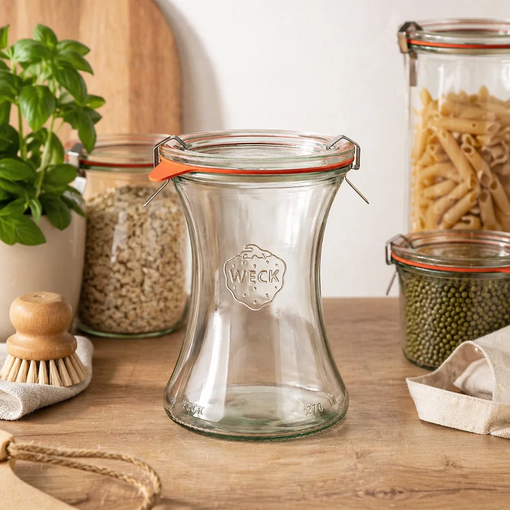 Bocal en verre de 370 ml, modèle WECK RR80 complet WECK Pot de délicatesse 370ml RR80 dans Cuisine de réserve entre les bocaux remplis de pâtes lentilles basilic plante