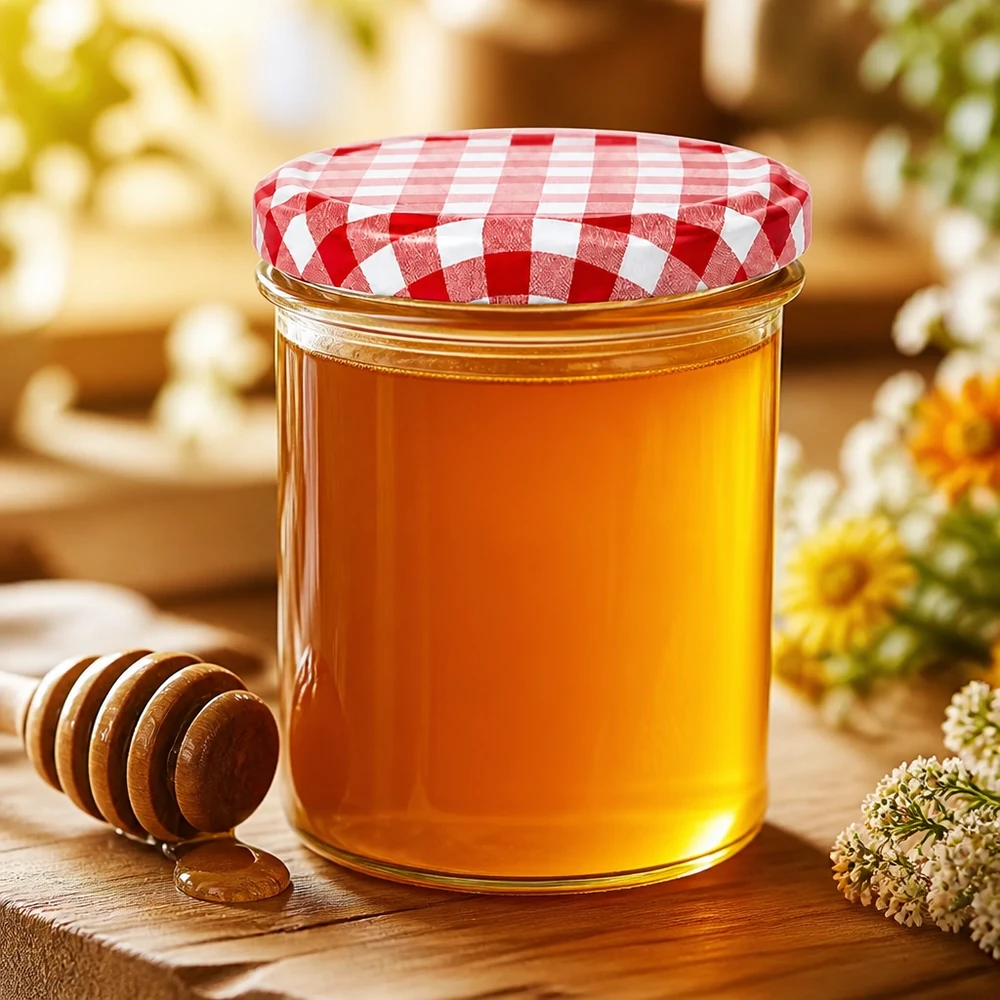 Pot de 350ml rempli de miel avec cuillère à miel, couvercle à carreaux rouges et blancs, arrangé de manière décorative avec des fleurs