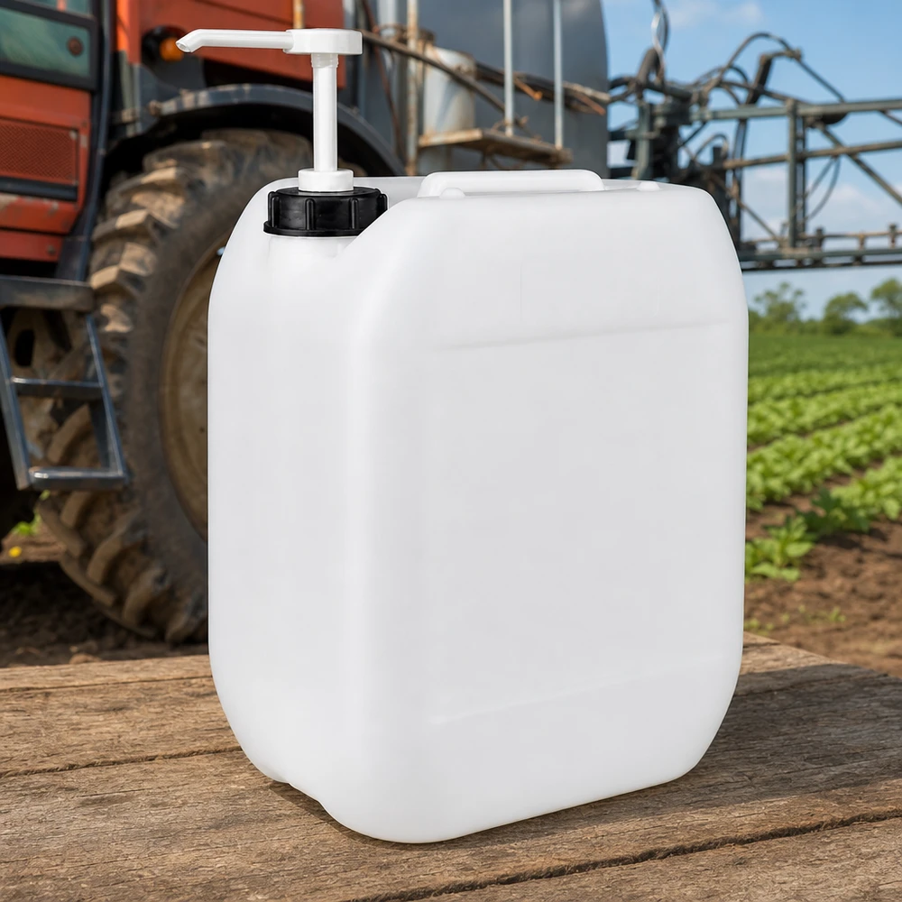 Bidon blanc de 10 litres équipé d'une pompe doseuse, utilisé dans le cadre d'une application agricole devant un tracteur et pour la culture des champs