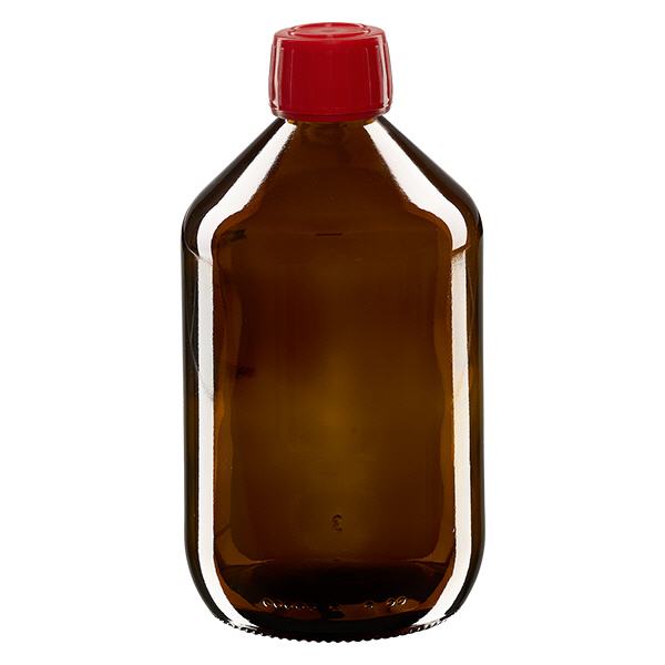 Flacon médical 500 ml couleur ambrée avec bouchon rouge Flacon médical 500 ml couleur ambrée avec bouchon rouge