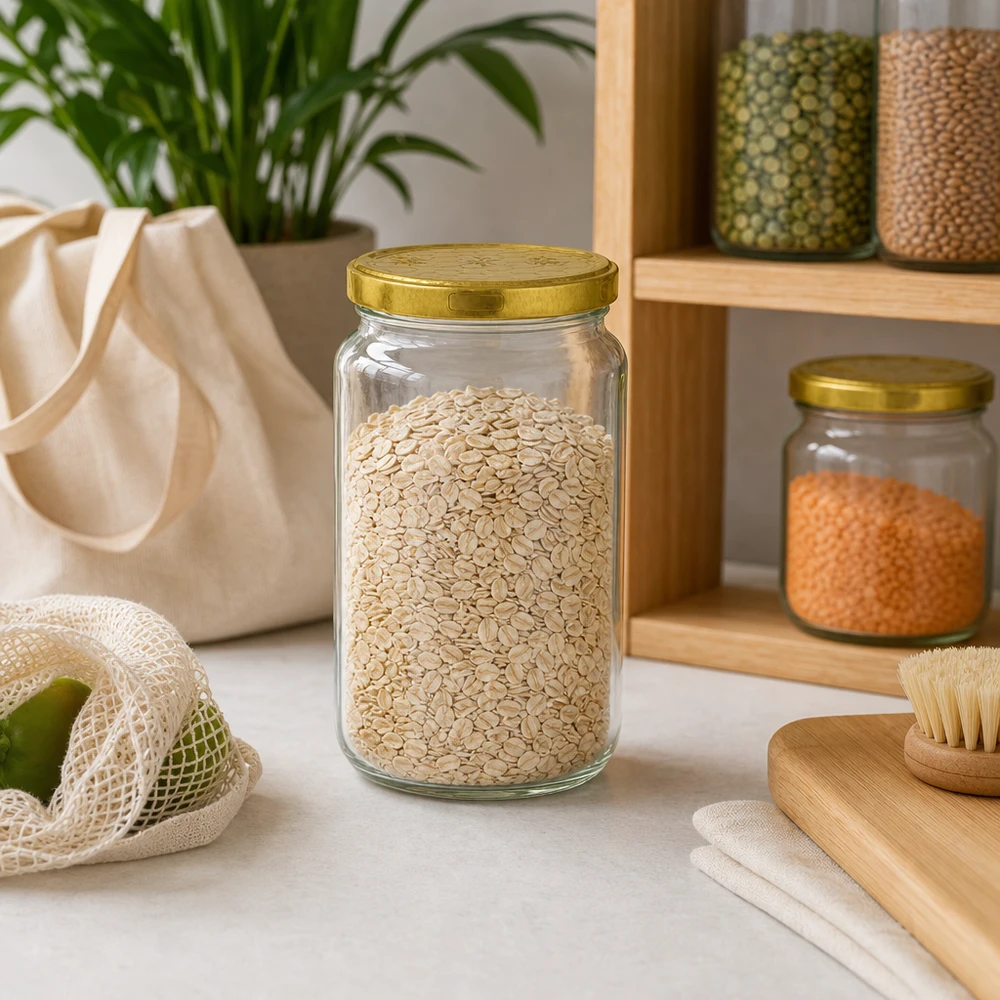 795ml Verre rond avec couvercle BasicSeal nid d'abeilles UNiTWIST Pot rond de 795 ml rempli de flocons d'avoine dans une cuisine durable zéro déchet avec étagère en bois et boîtes à provisions