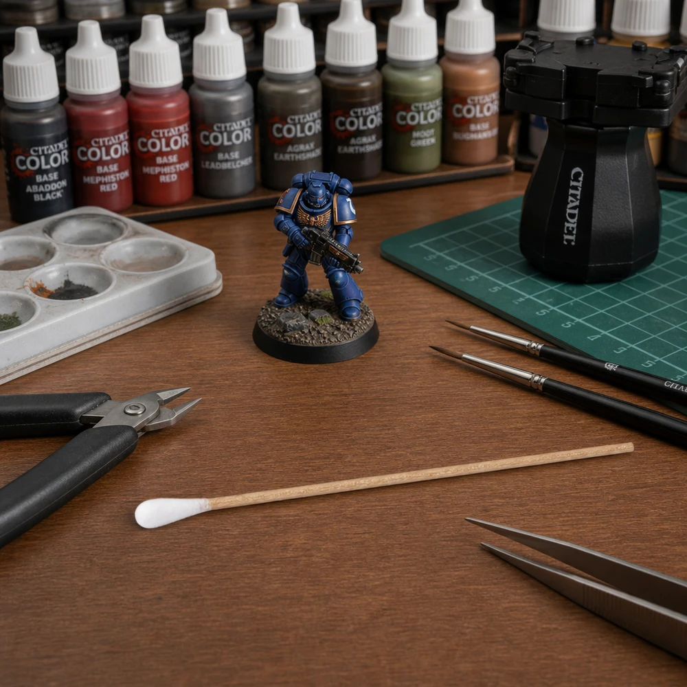 Écouvillon NON STÉRILE Cotons-tiges non stériles utilisés pour peindre des figurines Space Marines de Warhammer 40K sur une table en bois