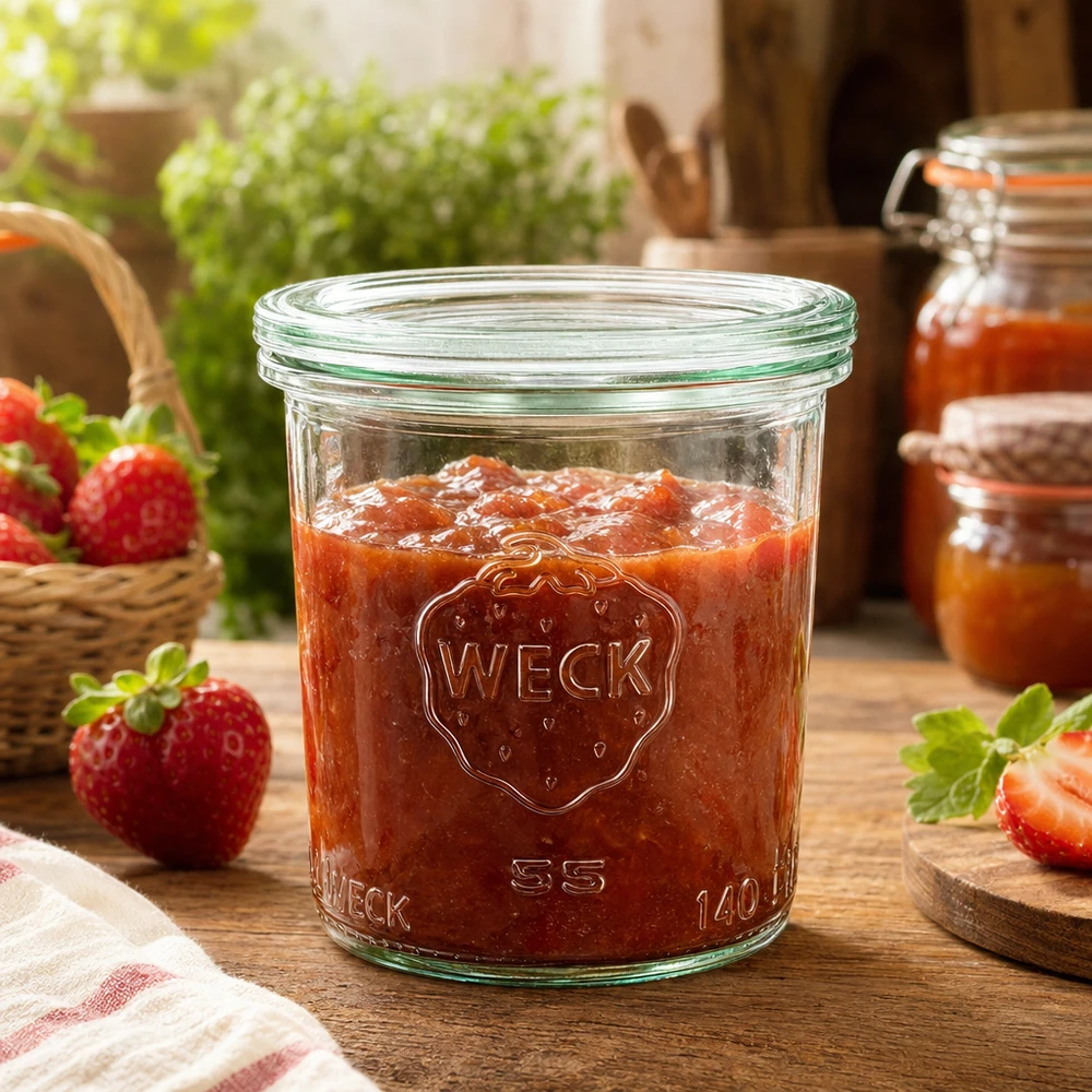 WECK Pot de conserve 140ml RR60 rempli de confiture de fraise sur table en bois avec décoration de fraises fraîches