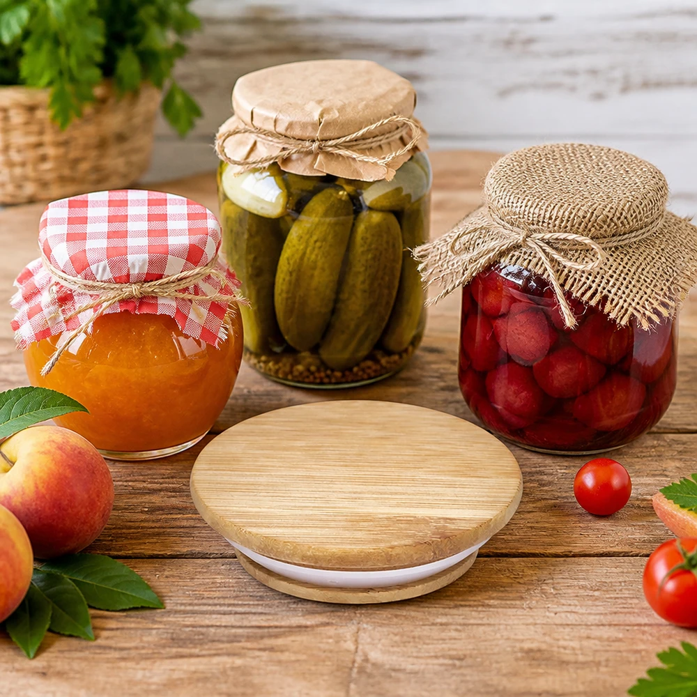 Couvercle en bois RR100 WECK Holzdeckel für WECK Gläser RR100 im Einsatz bei der Konservierung von Gurken Marmelade und eingelegtem Obst