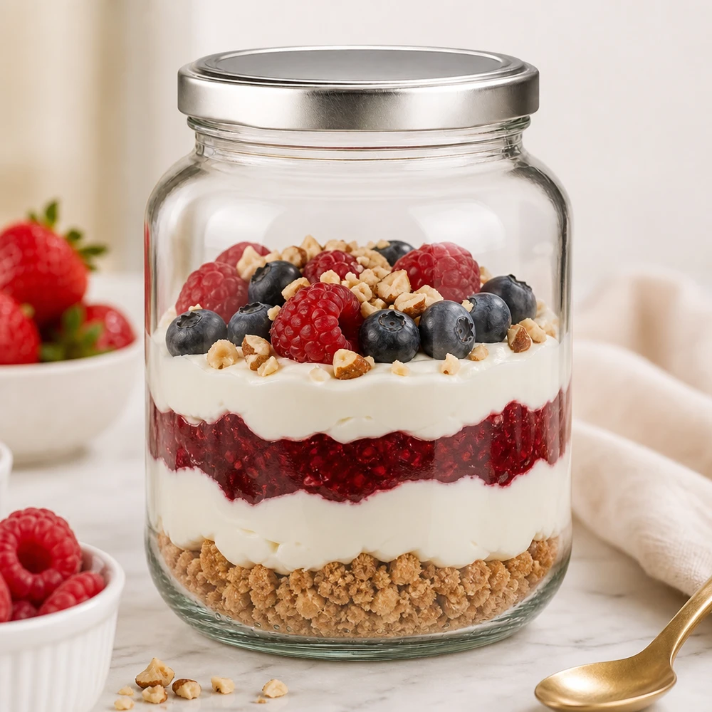 370ml Verre ovale avec couvercle BasicSeal argent UNiTWIST 370ml Ovalglas BasicSeal als stylischer Dessertbehälter für geschichtetes Beerentrifle mit Joghurt und Nüssen