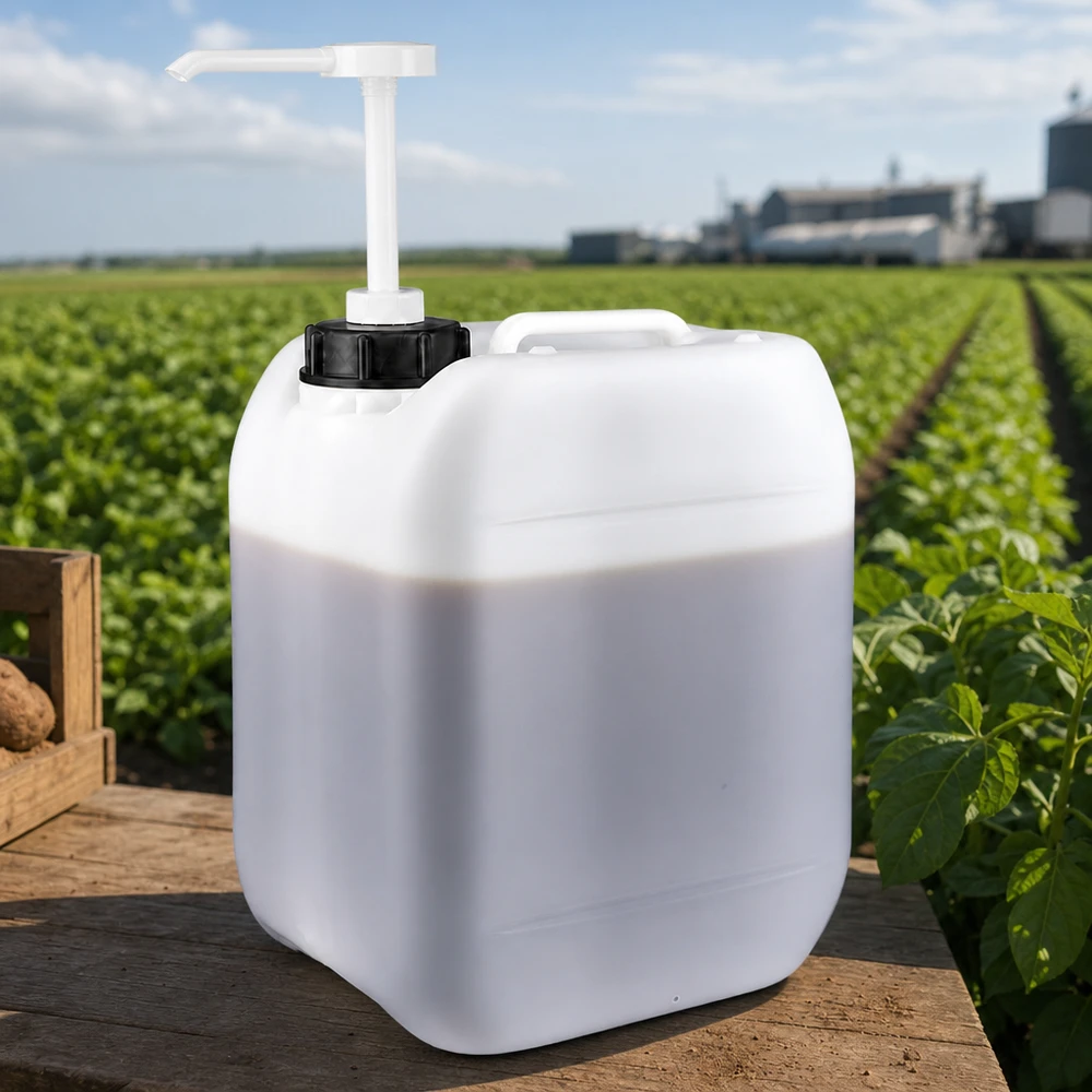 Bidon de 5 litres muni d'une pompe doseuse, devant un champ de pommes de terre verdoyant et une exploitation agricole