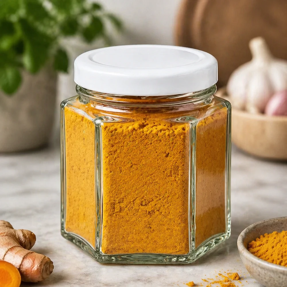 Récipient en verre hexagonal de 47 ml avec couvercle blanc rempli de poudre de curcuma dans un environnement de cuisine naturel avec du gingembre
