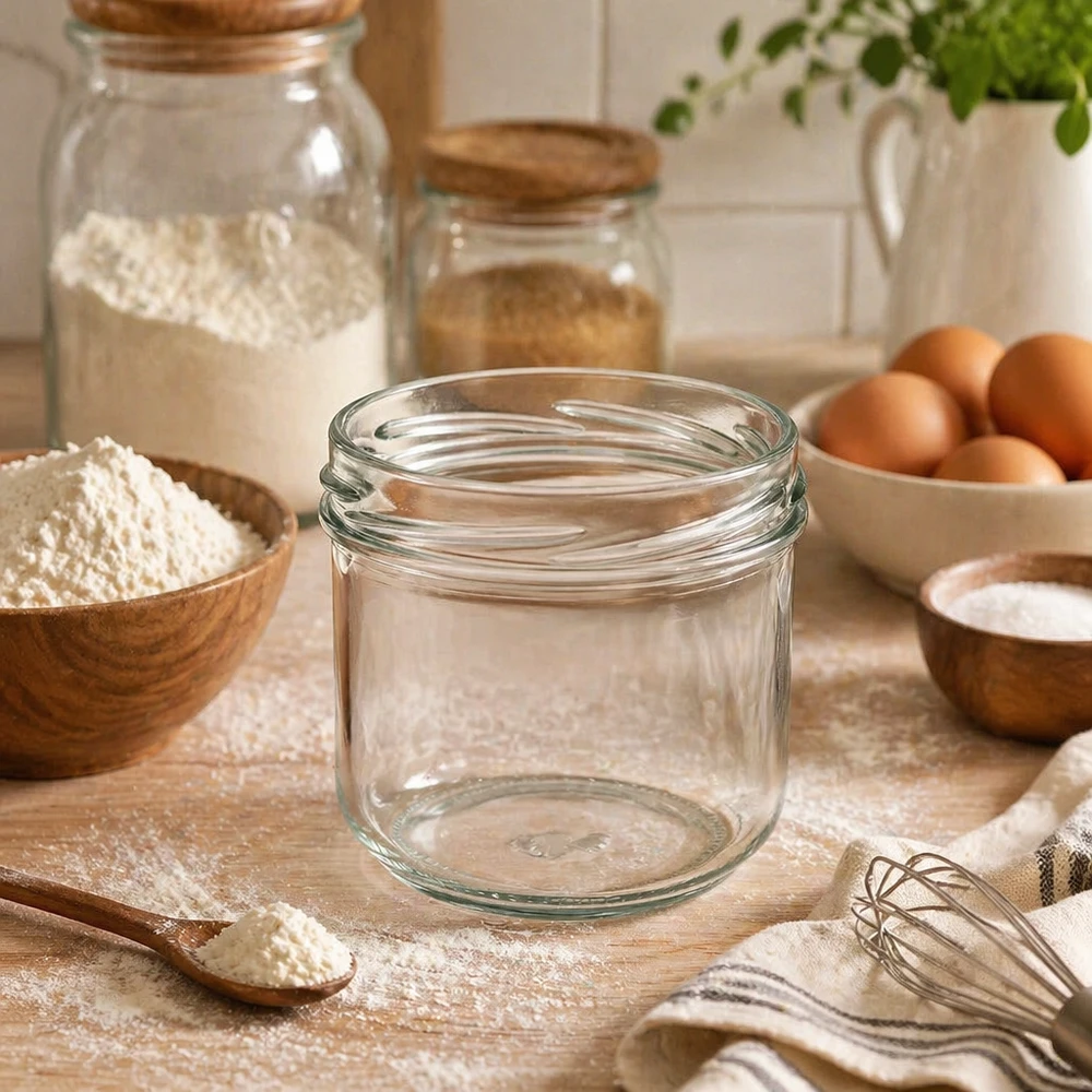 260ml Verre conique sans couvercle (TO82) UNiTWIST UNiTWIST Sturz260 Bocal rond 260ml TO82 Bocal vide sur table de cuisine avec ingrédients de cuisson farine œufs