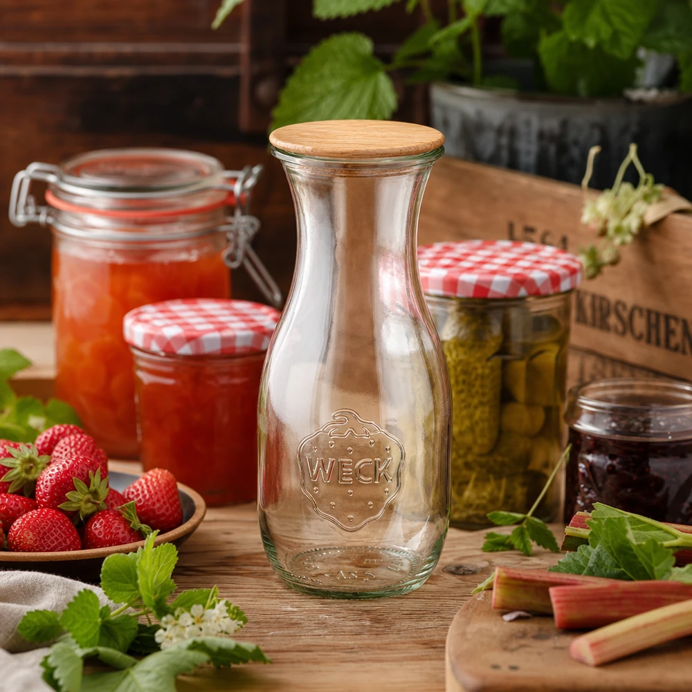 530ml Bouteille à jus de fruits WECK RR60 avec couvercle en bois WECK Bouteille en verre 530ml RR60 avec couvercle en bois dans la cuisine rustique à côté de la confiture de fraises et des bocaux à conserves