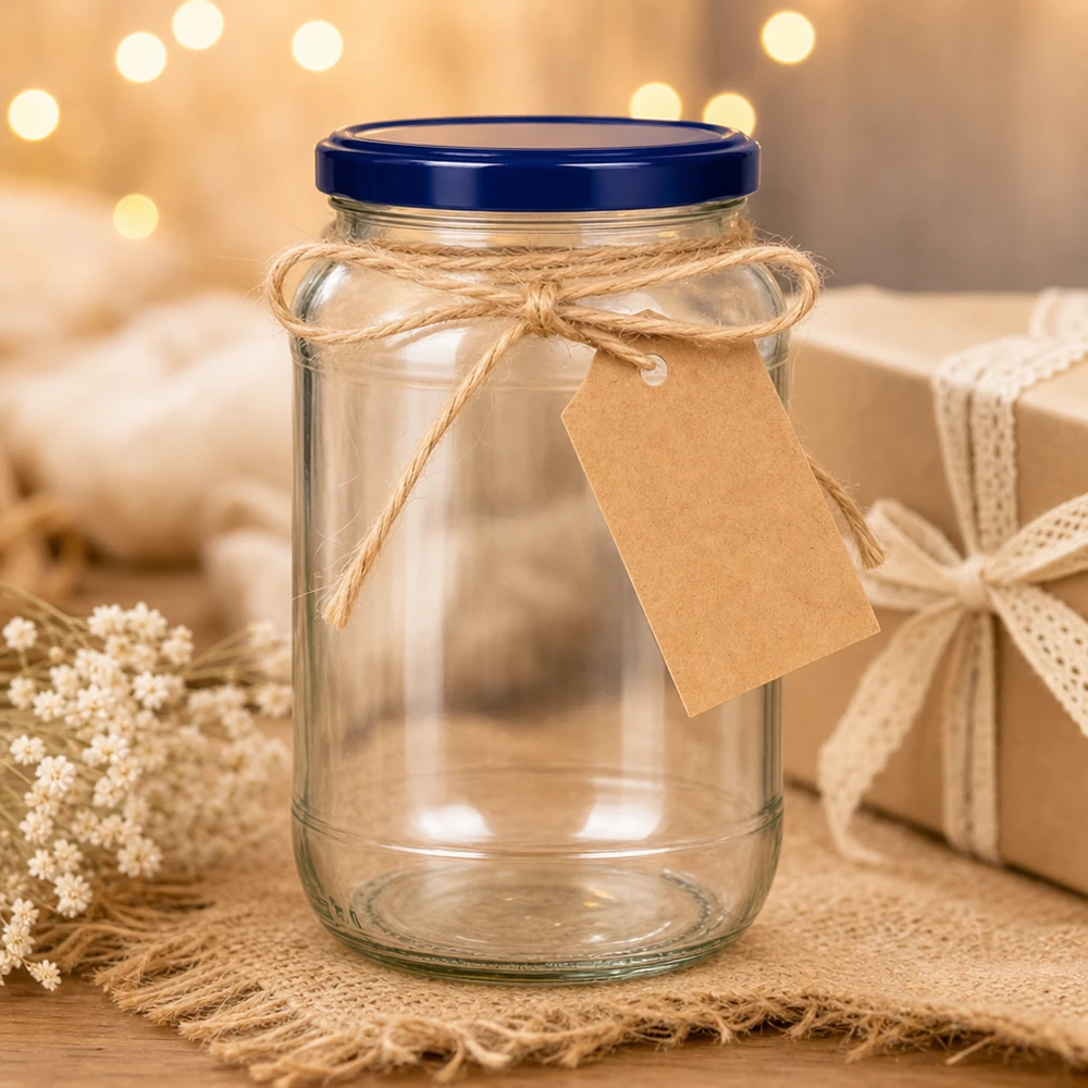 1062ml Verre rond avec couvercle BasicSeal bleu UNiTWIST 1062ml Verre rond BasicSeal couvercle bleu UNiTWIST Emballage cadeau Étiquette papier kraft Ruban de jute Décoration