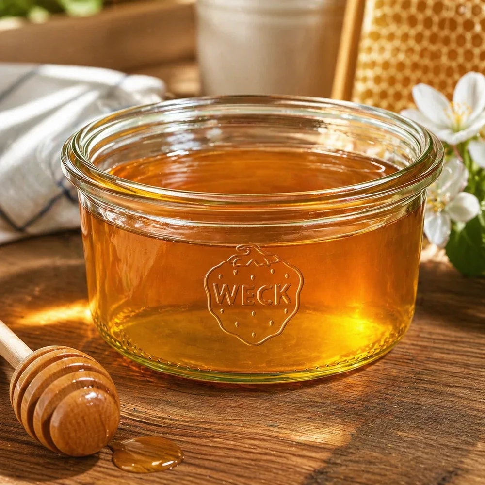 Bocal WECK RR80 de 165 ml 165ml WECK Pot renversé RR80 rempli de miel sur table en bois avec cuillère à miel et nid d'abeille en arrière-plan