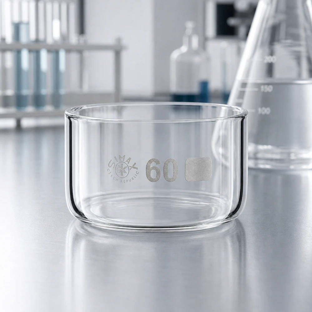 Coupelle de cristallisation 60 ml sans bec verseur Coupelle de cristallisation Simax vide de 60 ml, en verre borosilicaté, de forme cylindrique, ø 60 mm, posée sur la paillasse de laboratoire
