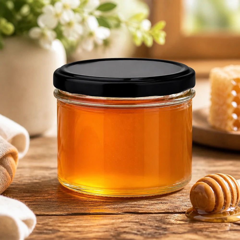 225ml Sturzglas mit schwarzem Deckel gefüllt mit goldenem Honig auf Holztisch mit Honiglöffel - perfekt für Honigabfüllu