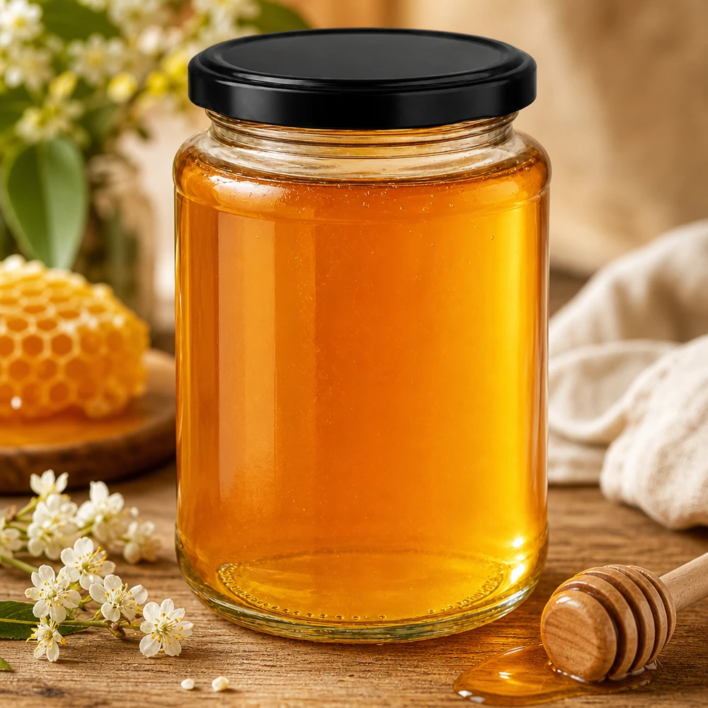 382ml Verre rond avec couvercle BasicSeal noir UNiTWIST 382ml pot rond BasicSeal noir rempli de miel pot de miel d'abeilles alvéoles fleurs cuillère en bois naturel