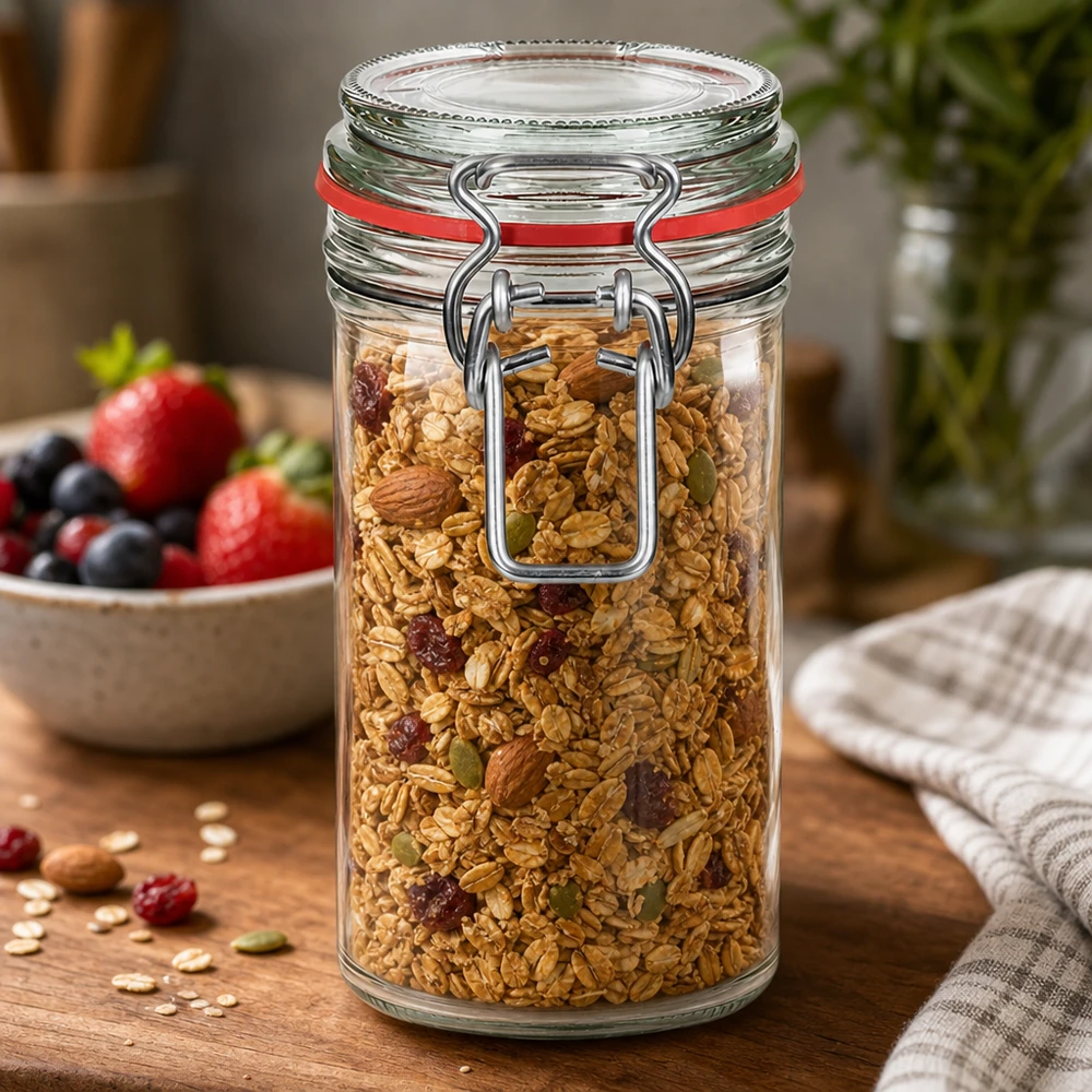 Pot à provisions de 272 ml avec fermeture à étrier rempli de céréales et de noix sur une table en bois à côté de baies fraîches