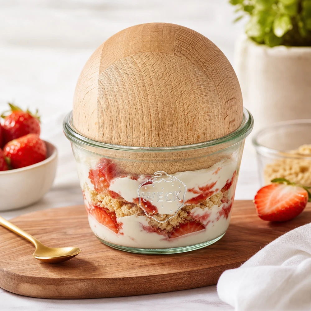 WECK Verre renversé 370ml RR100 rempli de dessert aux fraises Boule de hêtre Couvercle Dessert en couches Servir le dessert
