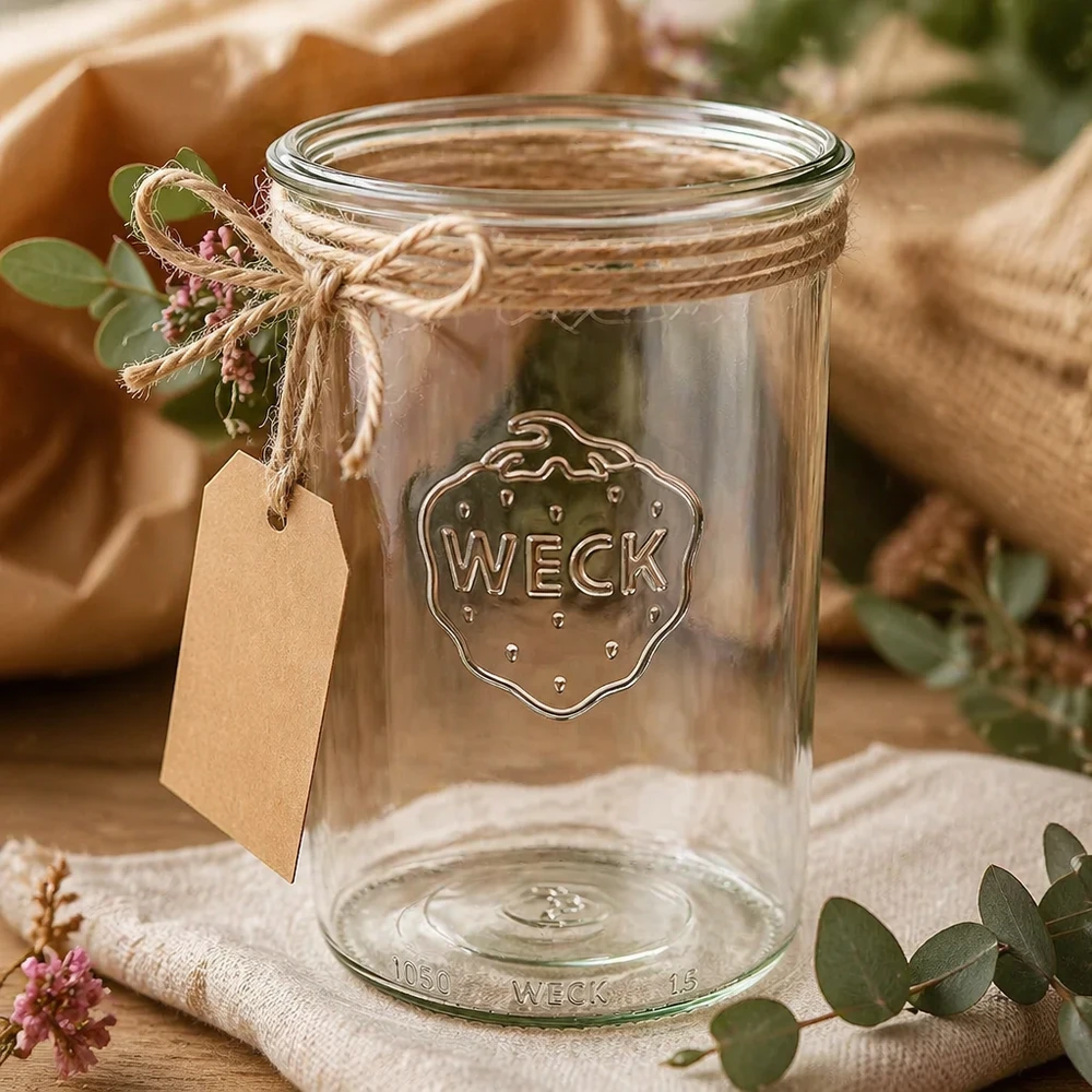 Pot de 1000ml WECK RR100 décoré avec une corde de jute et un pendentif sur une table en bois rustique