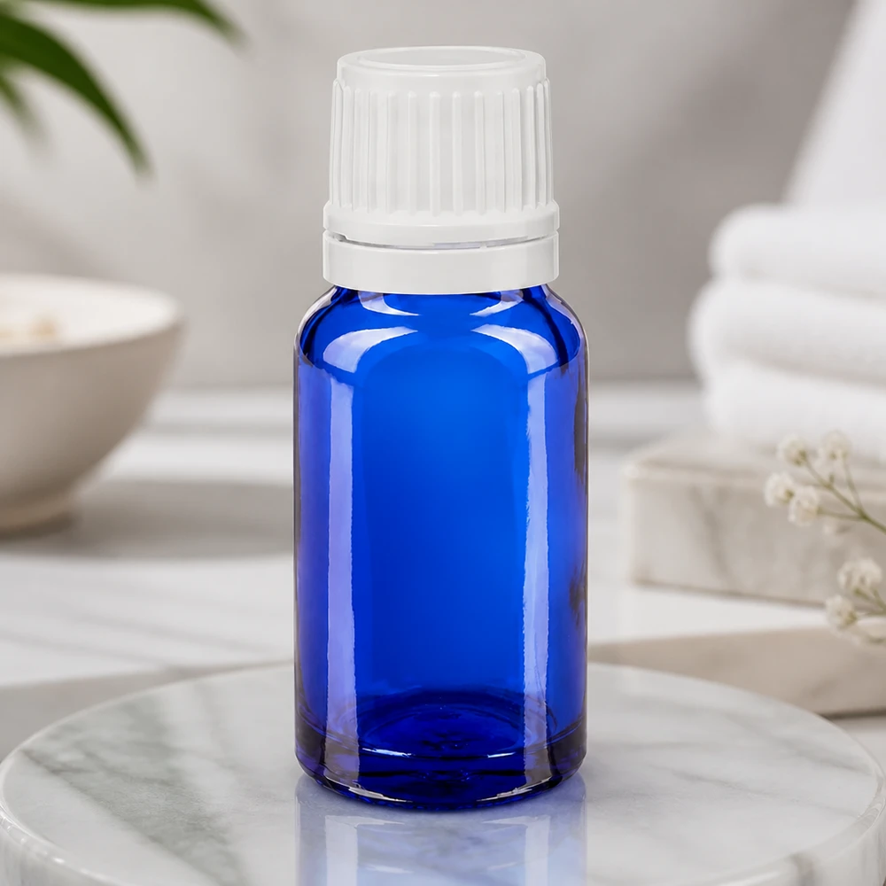 Flacon de pharmacie de 10 ml en verre bleu avec bouchon à vis blanc SV OV 11 mm, à l'abri de la lumière