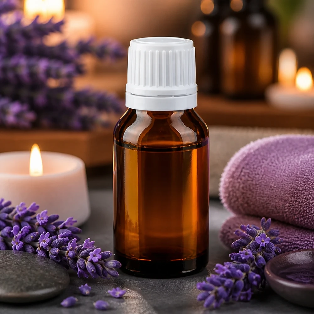 Flacon de pharmacie brun de 15 ml avec un bouchon à vis blanc, à côté de fleurs de lavande et de bougies
