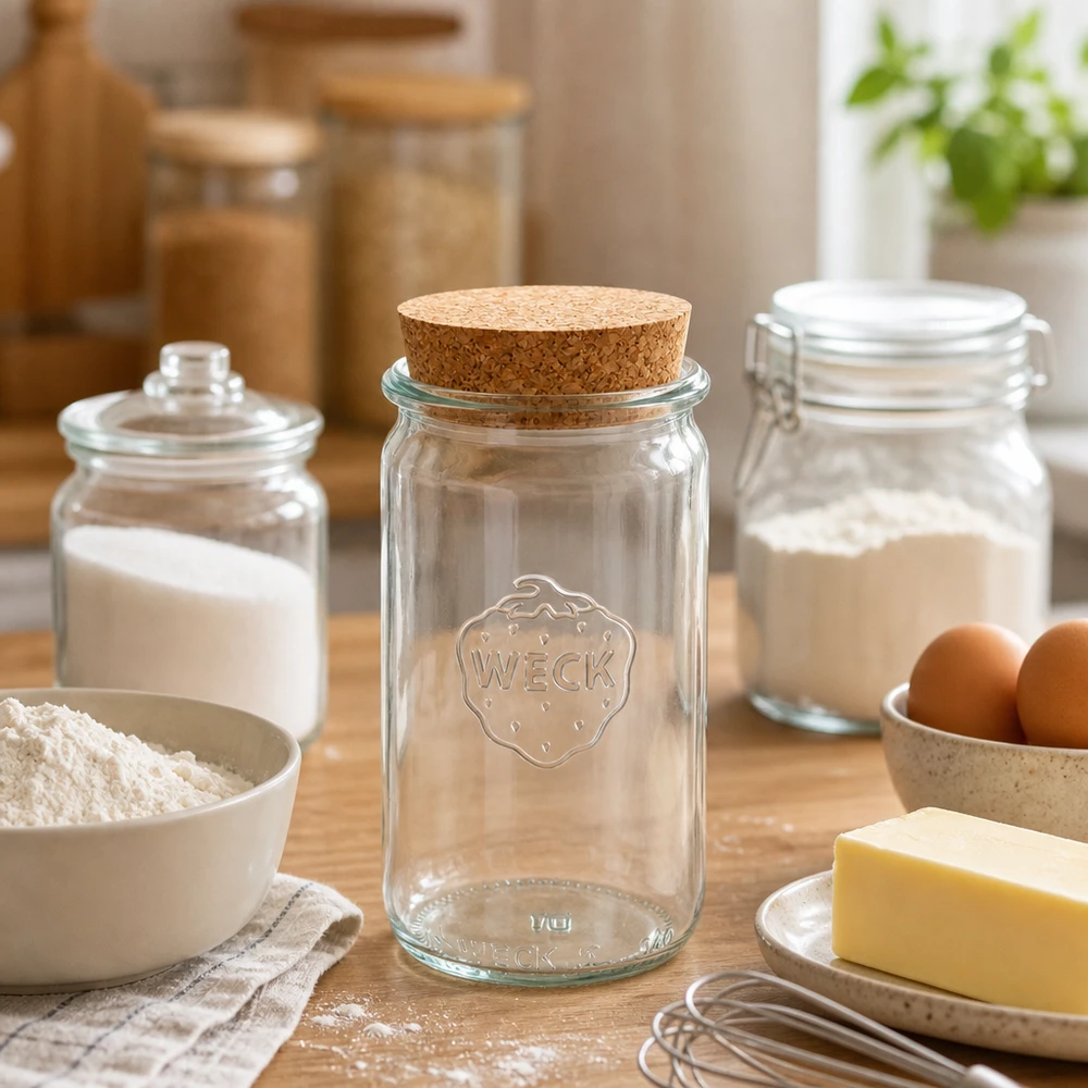 340ml bocal cylindrique WECK RR60 avec bouchon nature WECK Pot de conservation 340ml RR60 avec bouchon entre les ingrédients de cuisson farine beurre œufs comme bocal de cuisine pratique