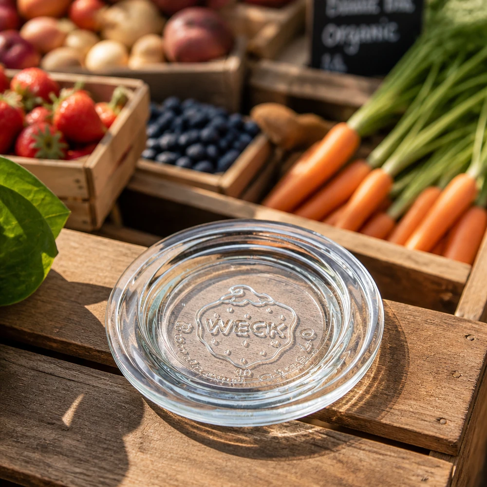 Couvercle en verre WECK RR40 sur table en bois dans une atmosphère de marché avec des fruits et légumes frais en arrière-plan