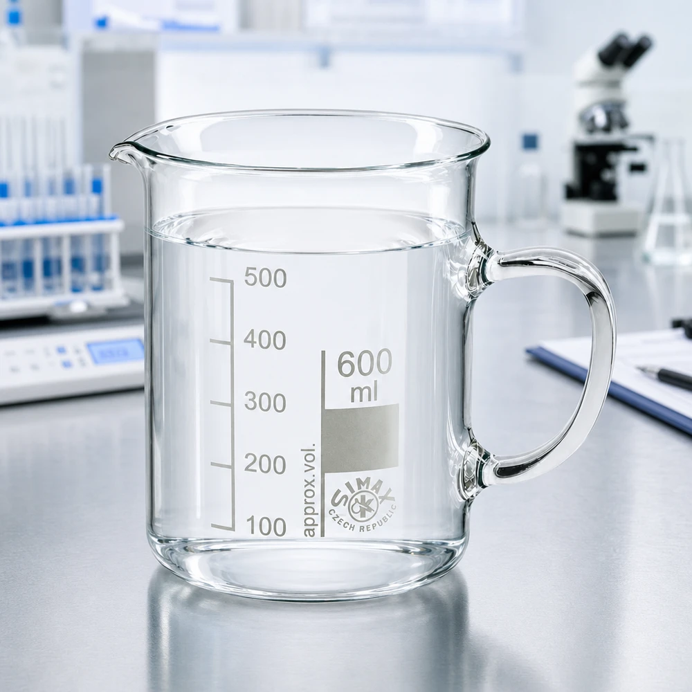 Bécher avec poignée 600ml en verre borosilicate résistant à la chaleur (forme normale) Verre à bec transparent de 600 ml avec anse, de la marque Simax (République tchèque), posé sur une paillasse de laboratoire équipée d'un microscope