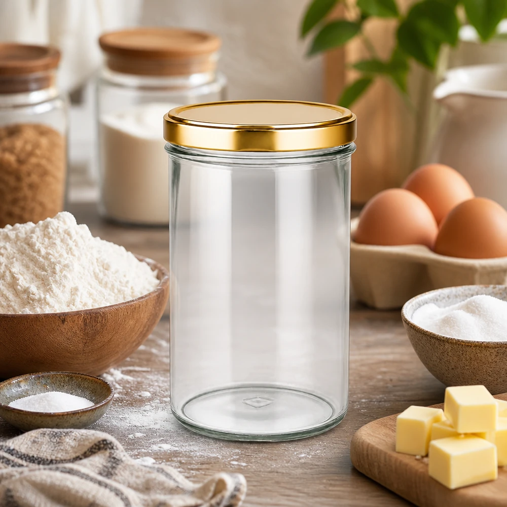 277ml bocal en verre avec couvercle doré dans la cuisine avec des ingrédients pour la pâtisserie farine oeufs beurre comme bocal de réserve pour la pâtisserie