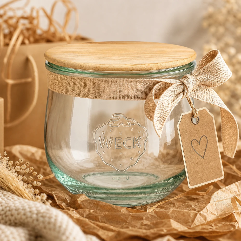 WECK RR80 370ml Pot tulipe comme emballage cadeau avec boucle de jute et pendentif sur des matériaux de décoration naturels