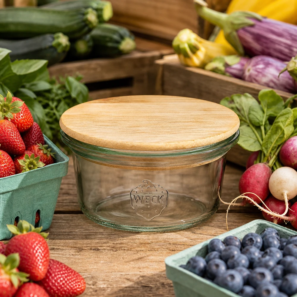 Mini bocal de 50ml WECK RR60 avec couvercle en bois WECK Mini bocal 50ml avec couvercle en bambou entouré de fruits et légumes frais sur une table en bois dans le style Farmhouse