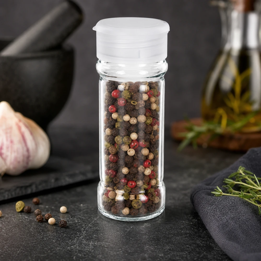 Pot à sel/épices 100 ml avec saupoudreuse, blanc Pot à épices transparent de 100 ml avec couvercle saupoudreur blanc, rempli de grains de poivre multicolores