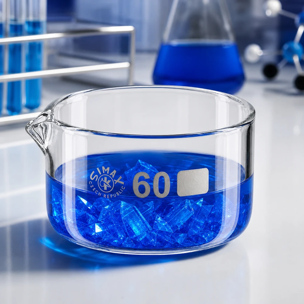 Coupelle de cristallisation Simax 60 ml, verre borosilicaté, cristaux bleus, coupelle de laboratoire cylindrique plate transparente