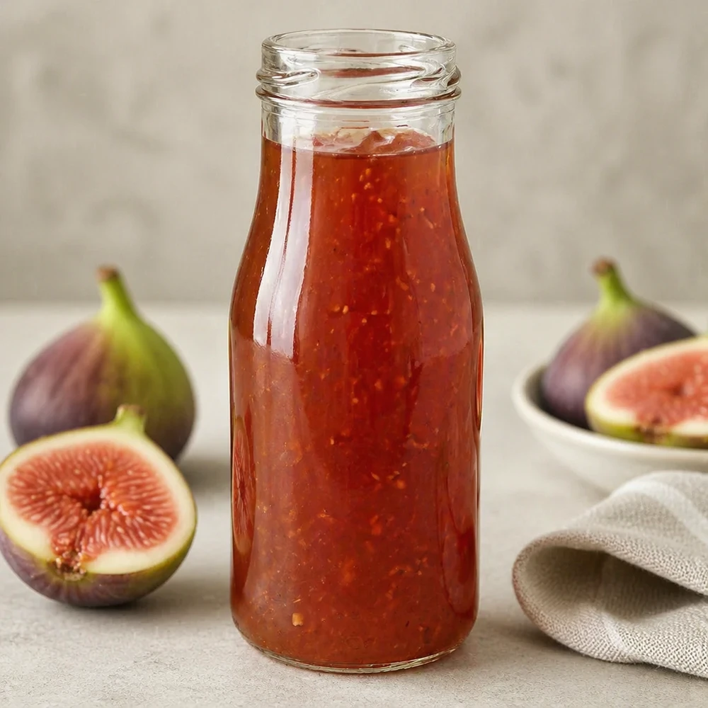 150ml Bouteille sans bouchon (TO43) UNiTWIST UNiTWIST Bottle150 Bouteille en verre 150ml TO43 remplie de jus de figues rouges à côté de figues fraîches sur fond blanc