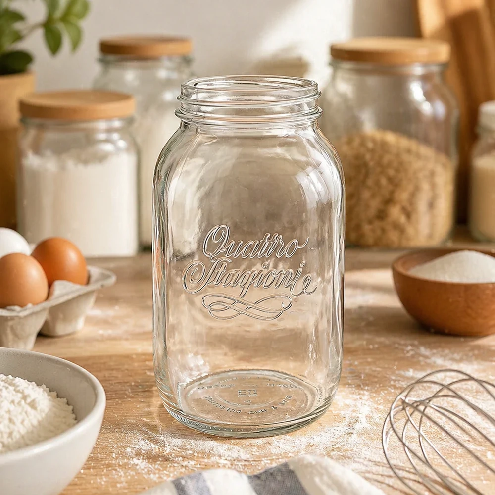 1500ml Verre rond 'Quattro Stagioni' QS86mm 1500ml Quattro Stagioni Bocal ménager avec bouchon à vis sur table en bois avec ingrédients de pâtisserie et ustensiles de cuisine