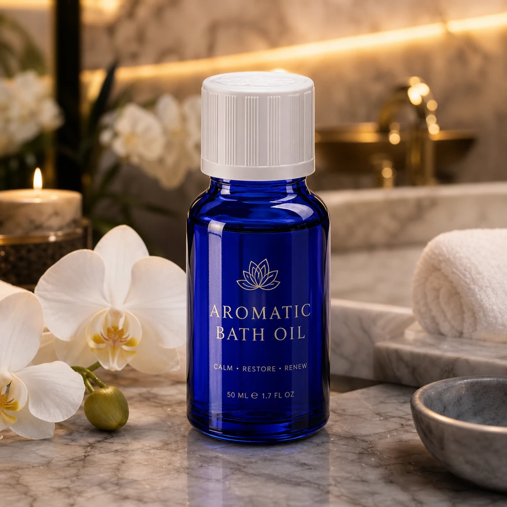 Flacon d'huile aromatique bleu de 50 ml muni d'un bouchon de sécurité blanc pour enfants, posé sur du marbre à côté d'une orchidée