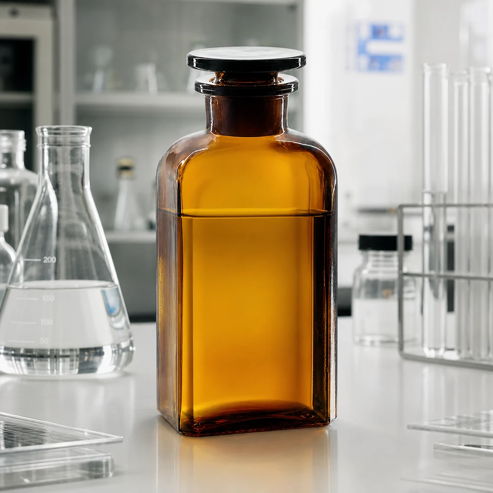 Flacon carré col large 250 ml + bouchon RIN, verre ambré Flacon de laboratoire en verre ambré, 250 ml, de forme carrée, avec bouchon rodé, pour une conservation à l'abri de la lumière