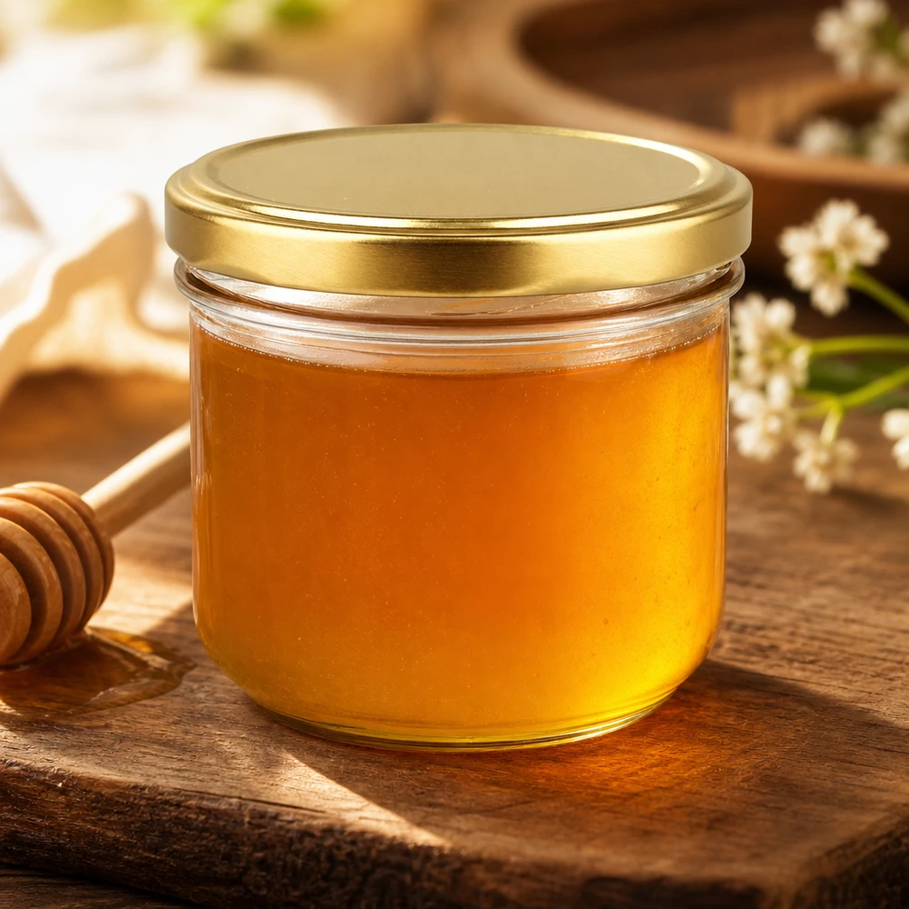 Verre renversé de 260 ml avec couvercle BasicSeal doré rempli de miel à côté de la cuillère à miel sur une table en bois rustique