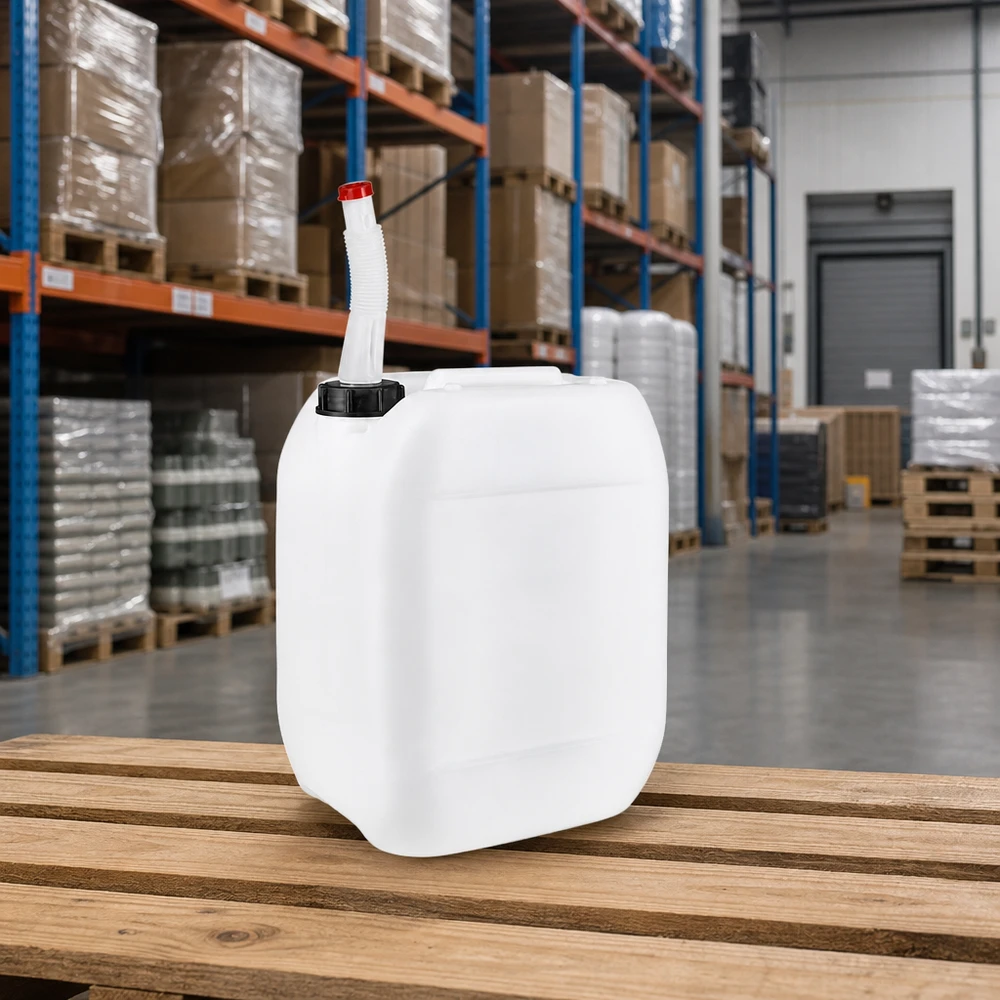 Bidon rectangulaire blanc de 10 litres avec bec verseur flexible, sur palette en bois, en stock