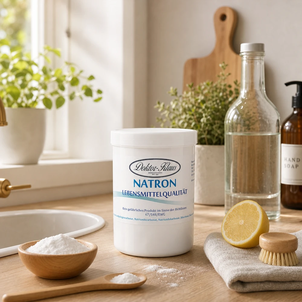 Bicarbonate de soude Doktor Klaus, en boîte blanche de 1000 g, apte à l’utilisation alimentaire Doktor Klaus 1kg Natron Universalreiniger in praktischer Vorratsdose auf Küchenarbeitsplatte
