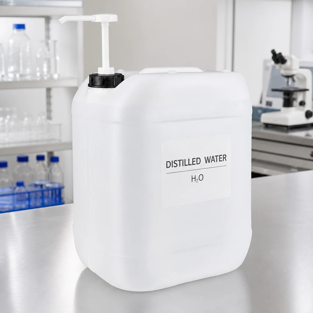 Bidon de laboratoire de 20 litres muni d'une pompe, rempli d'eau distillée H₂O, posé sur une table en acier inoxydable