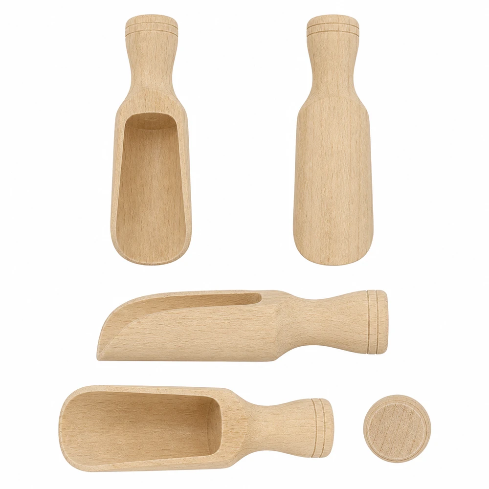 Pelle en bois taille S forme semi-circulaire - 75mm de long Holzschaufel S aus Buchenholz in verschiedenen Ansichten 360 Grad Produktübersicht handgefertigte Küchenhelfer