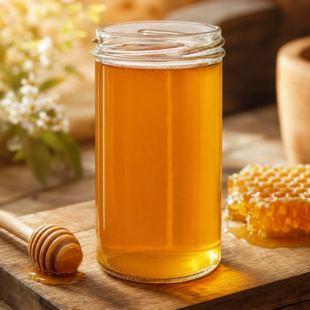 277ml Verre conique sans couvercle (TO66) UNiTWIST UNiTWIST Sturzglas 277ml mit goldenem Honig gefüllt auf Holzbrett mit Honiglöffel und Waben - perfekt für Marmelade und