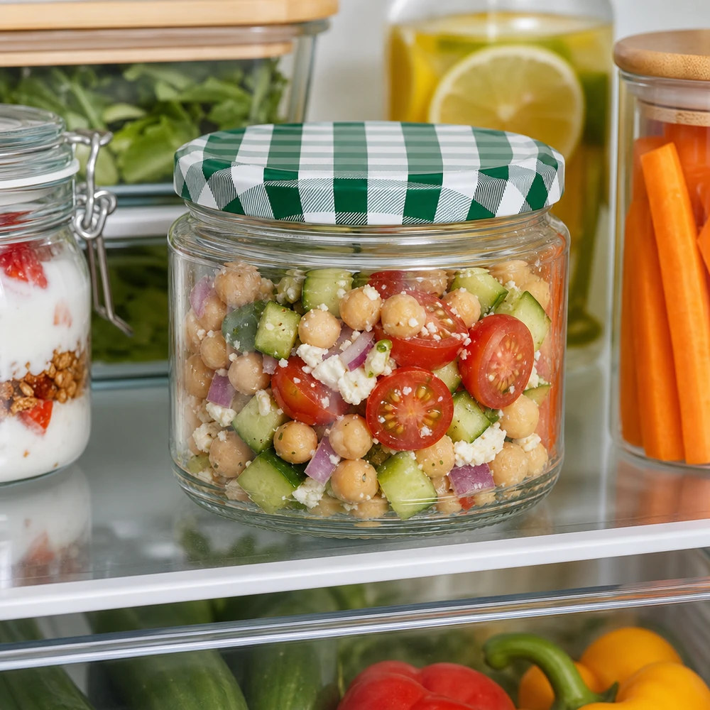 330ml Verre rond avec couvercle BasicSeal vert/blanc UNiTWIST 330ml Rundglas mit Kichererbsen-Salat im Kühlschrank, grün-weißer BasicSeal Deckel, Meal Prep und Frischhaltung