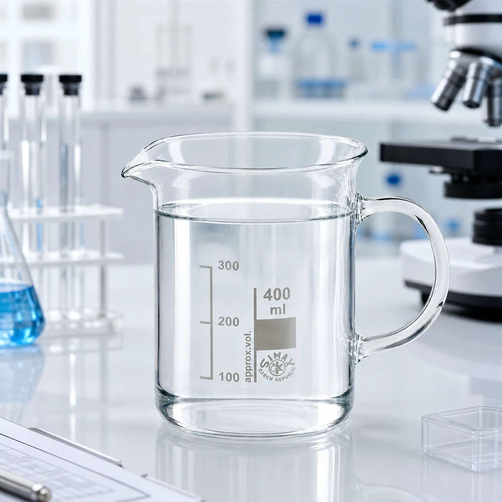 Bécher transparent de 400 ml avec anse, utilisé dans un laboratoire professionnel sur un plan de travail blanc