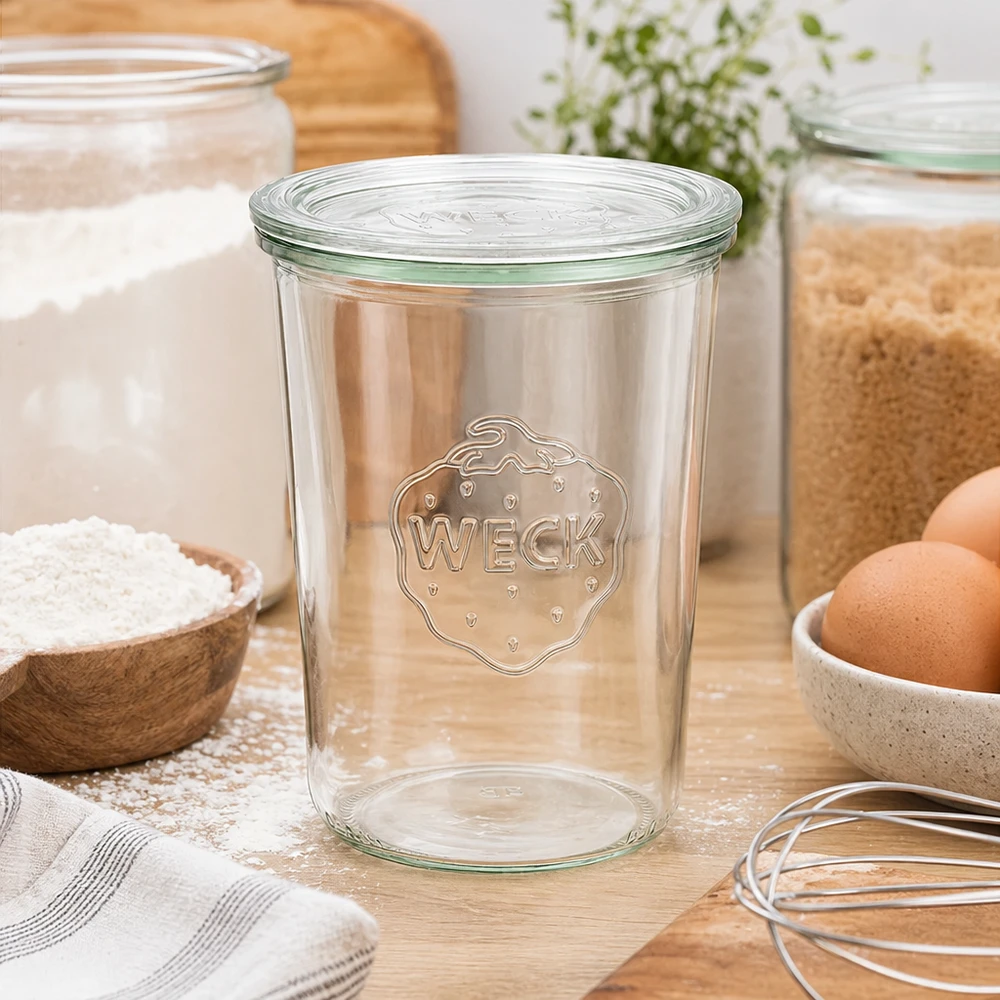 WECK Pot de conservation 850ml RR100 dans environnement de cuisine avec farine Œufs et ustensiles de cuisine Pot renversé avec couvercle en verre