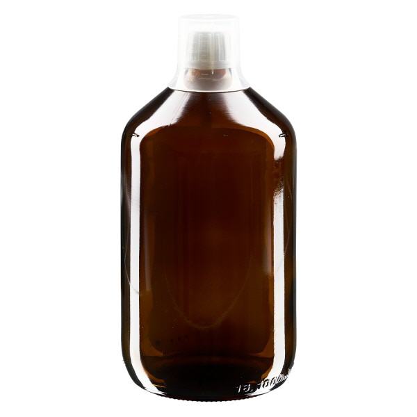 Flacon médical norme européenne de 1000 ml, avec bouchon à vis blanc et gobelet doseur de 30 ml
