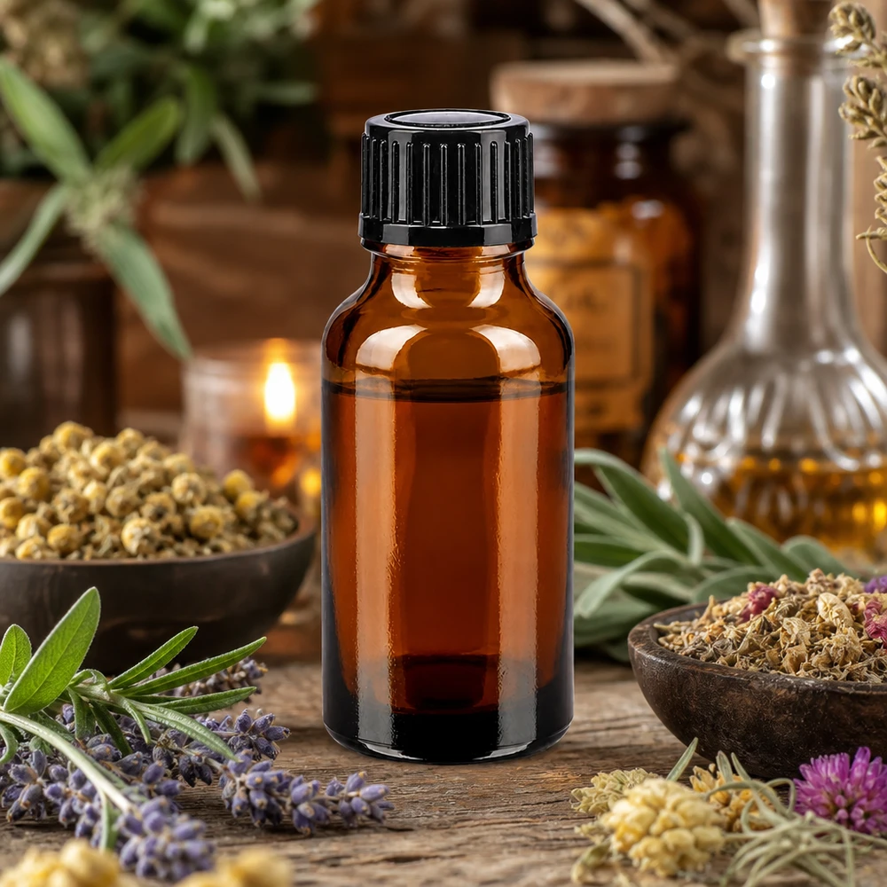 Flacon à pharmacie marron 20ml bouchon vissable noir standard Flacon de pharmacie marron de 20 ml, muni d'un bouchon noir et entouré d'herbes séchées et d'huiles essentielles