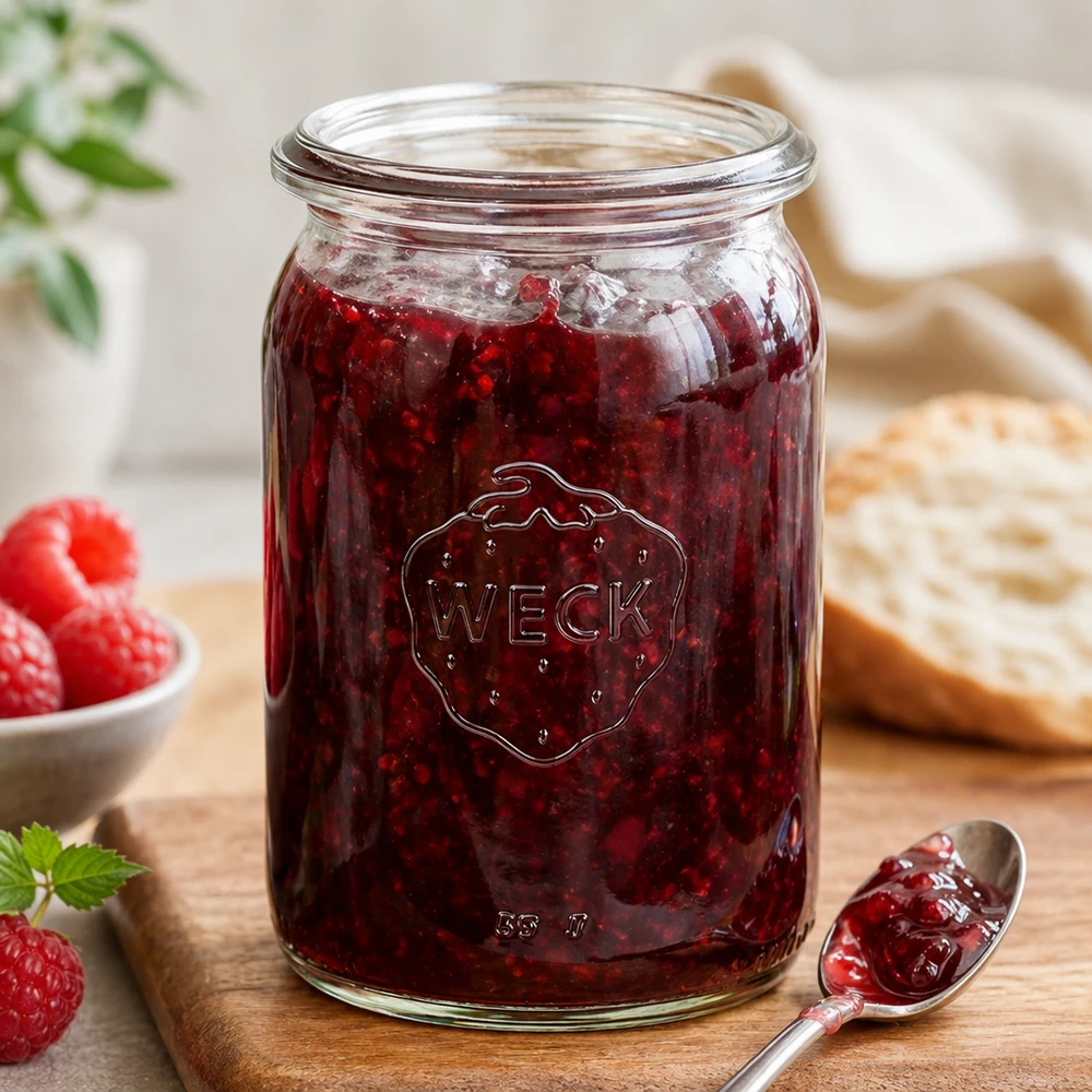 145ml bocal cylindrique WECK RR40 WECK RR40 Pot de conserve 145ml rempli de confiture rouge avec cuillère sur planche en bois à côté de fraises et de pain