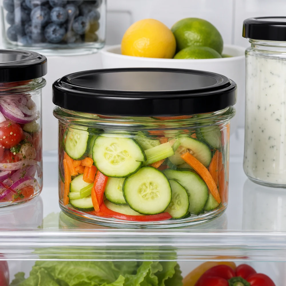 225ml Verre conique avec couvercle BasicSeal noir UNiTWIST 225ml Sturzglas mit schwarzem Deckel im Kühlschrank - praktische Aufbewahrung für Gemüse-Snacks und Meal Prep